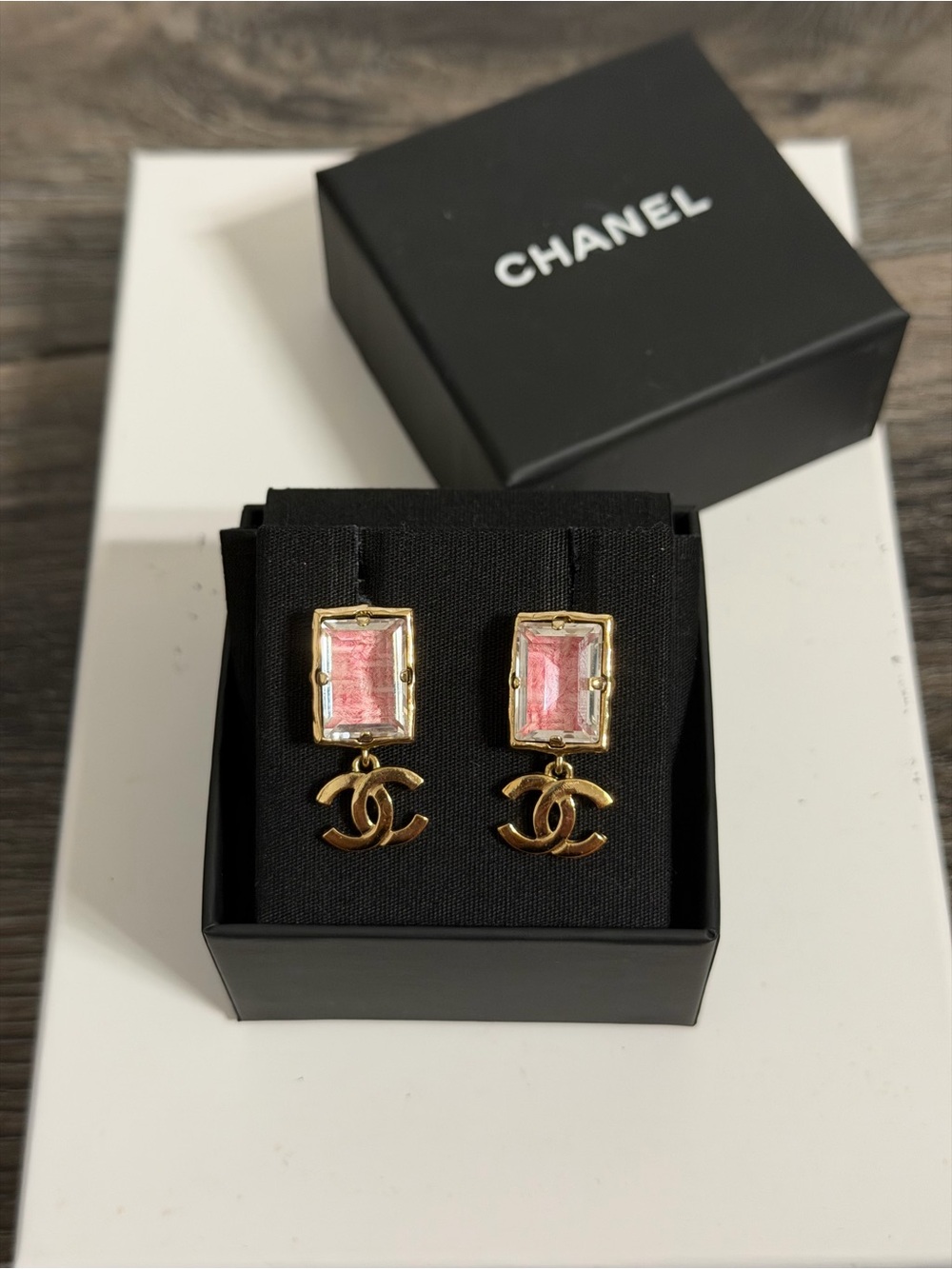 CHANEL Gold CC Pink Tweed Dangle Earrings